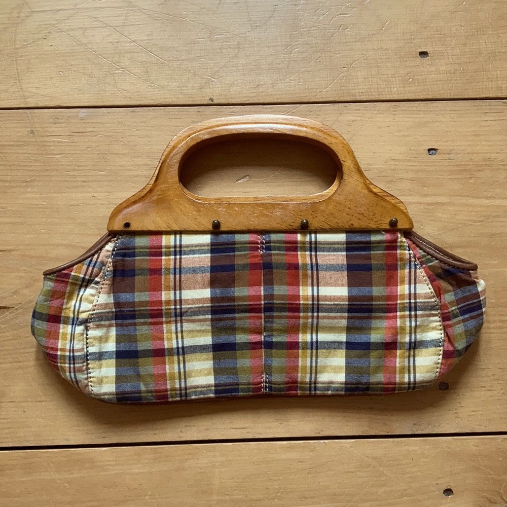 J Crew plaid and wood hand bag